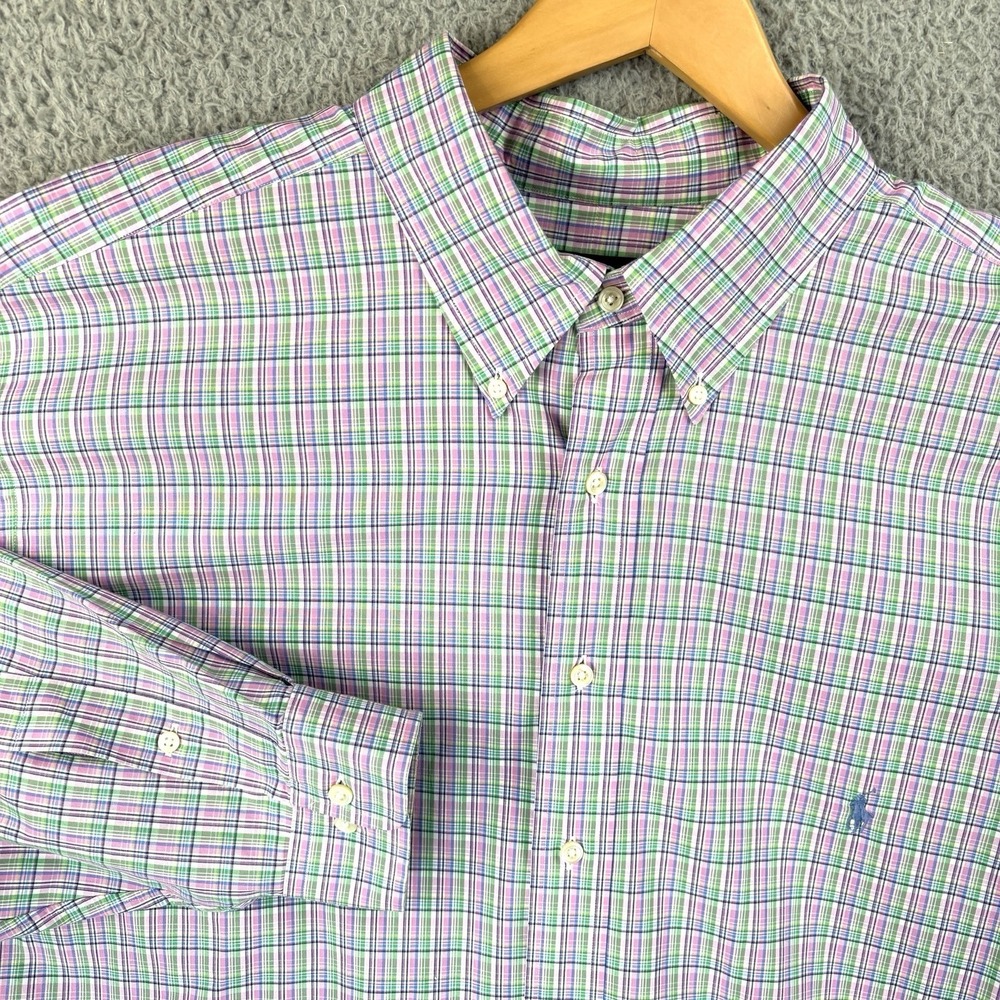 Polo Ralph Lauren Shirt Men's 19 36/37‎ Tall Pink Green Plaid Cotton Preppy